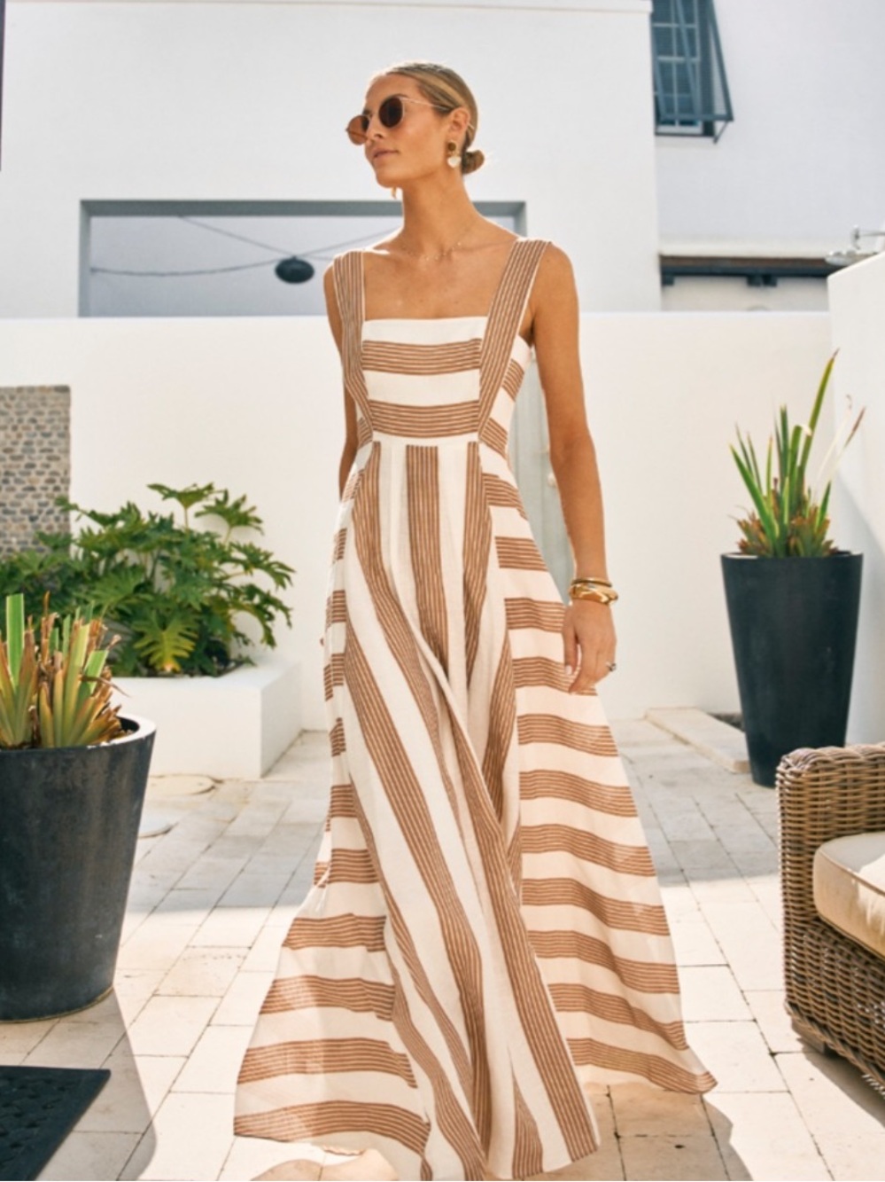 ANTONIO MELANI Cream and Tan Striped Maxi Sundress